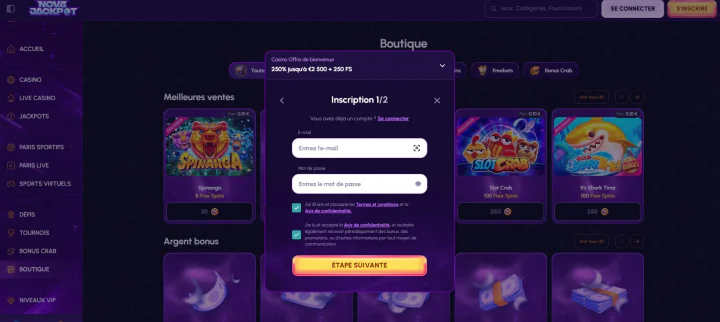 nova jackpot casino inscription